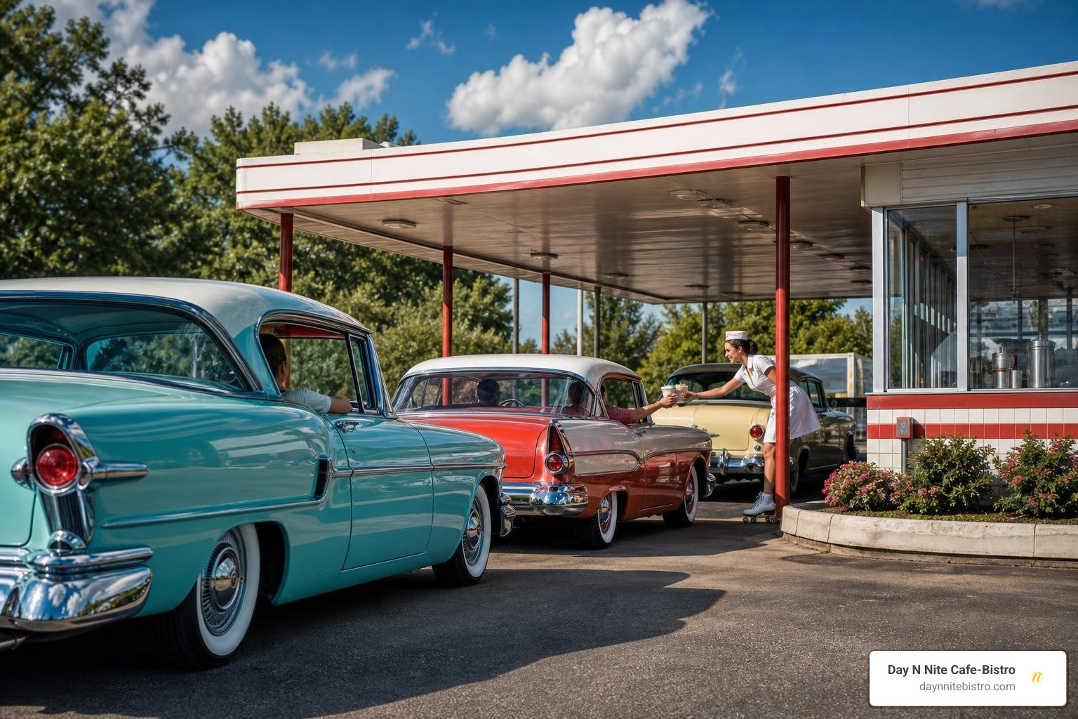 historic drive-through restaurant with retro cars