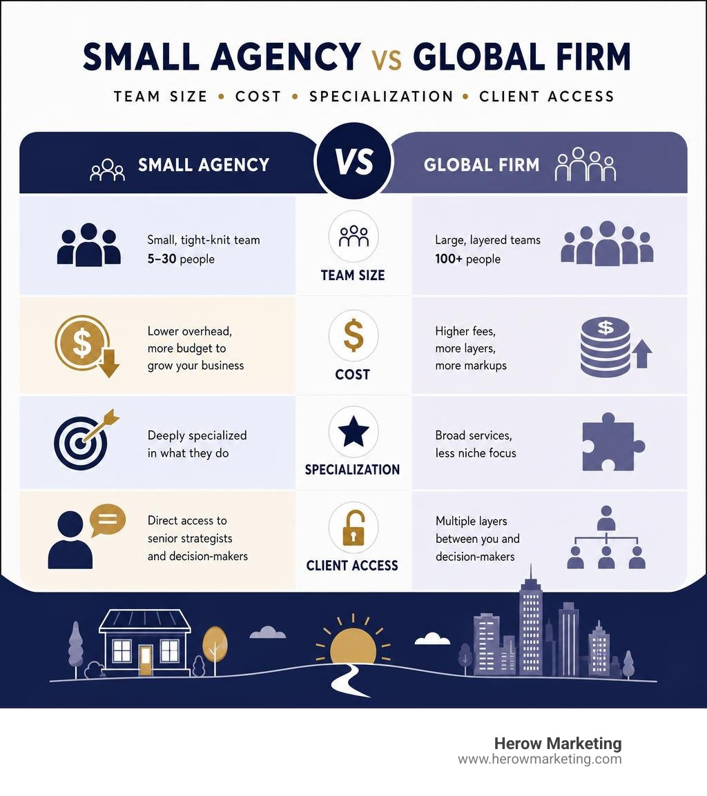 Small agency vs global firm comparison: team size, cost, specialization, and client access infographic Small agency vs global firm comparison: team size, cost, specialization, and client access infographic