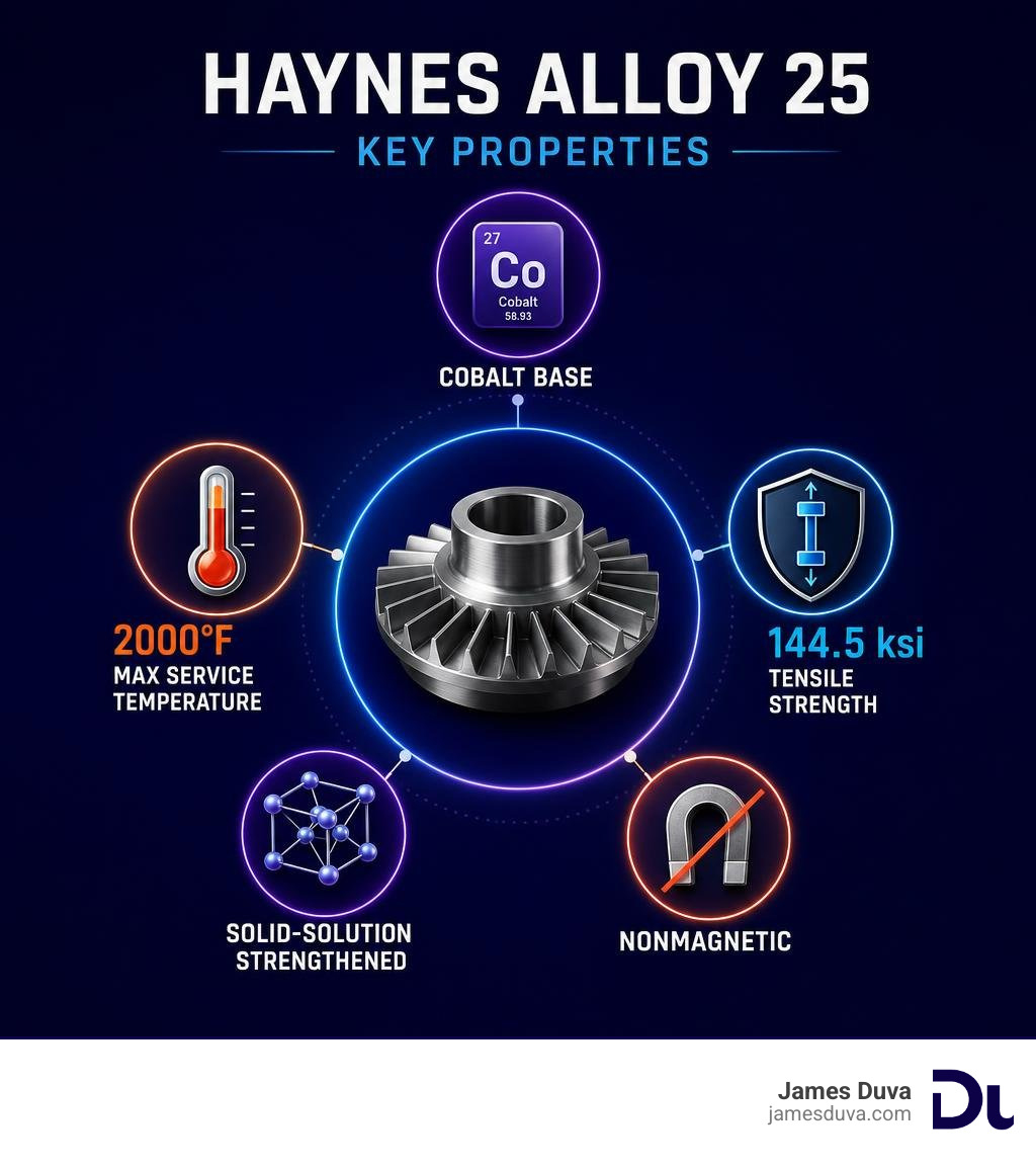 Infographic showing Haynes Alloy 25 key properties: cobalt base, 2000°F max service temp, 144.5 ksi tensile strength Infographic showing Haynes Alloy 25 key properties: cobalt base, 2000°F max service temp, 144.5 ksi tensile strength