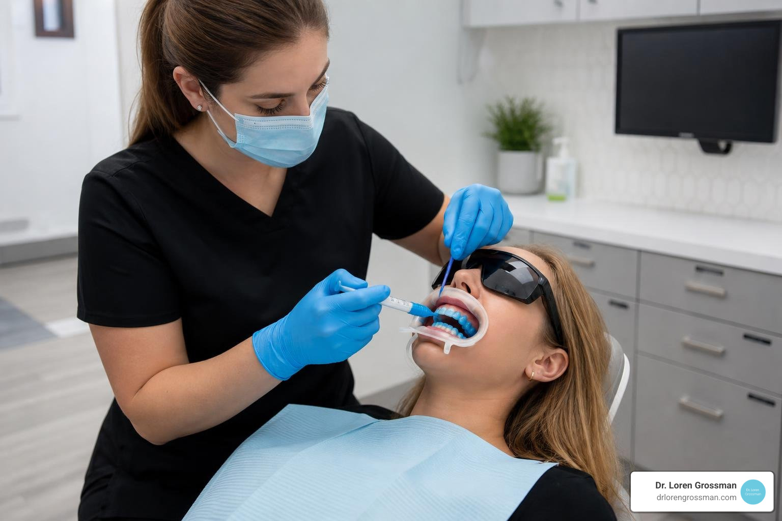 Dental professional applying protective barrier and whitening gel to patient's teeth