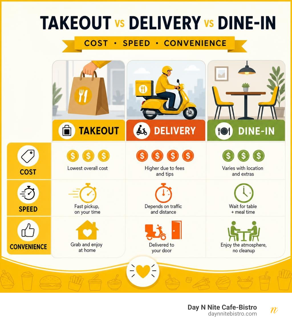 Infographic comparing takeout service vs delivery vs dine-in on cost, speed, and convenience infographic