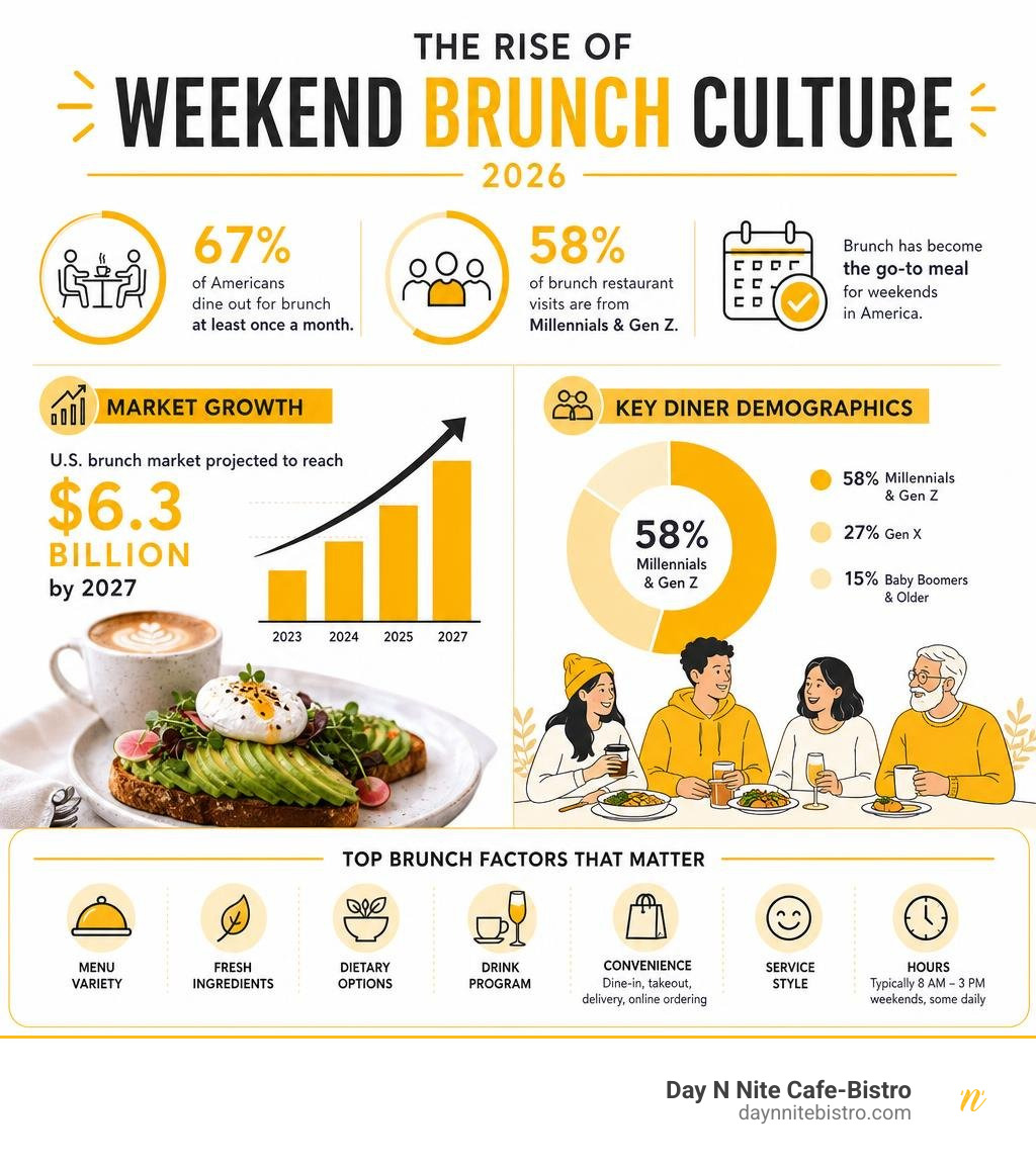 Infographic showing the rise of weekend brunch culture, key diner demographics, market growth, and top brunch factors in