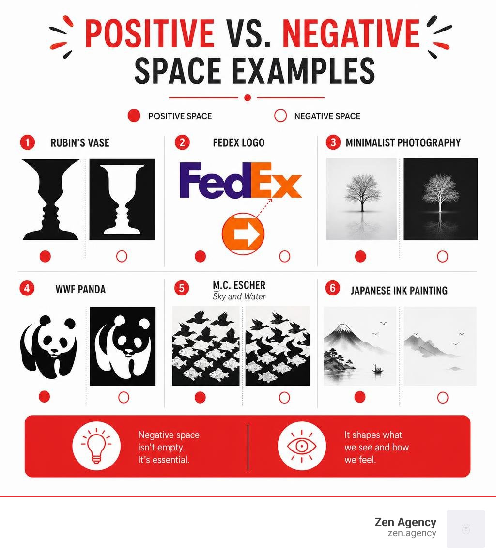 Infographic showing positive vs negative space examples including Rubin's vase, FedEx logo, and minimalist photography Infographic showing positive vs negative space examples including Rubin's vase, FedEx logo, and minimalist photography