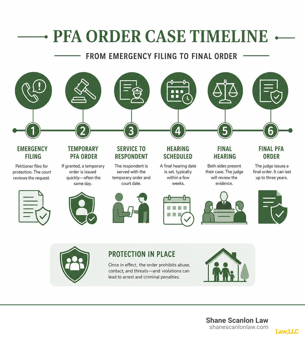 Timeline infographic of a PFA order case from emergency filing to final order infographic Timeline infographic of a PFA order case from emergency filing to final order infographic