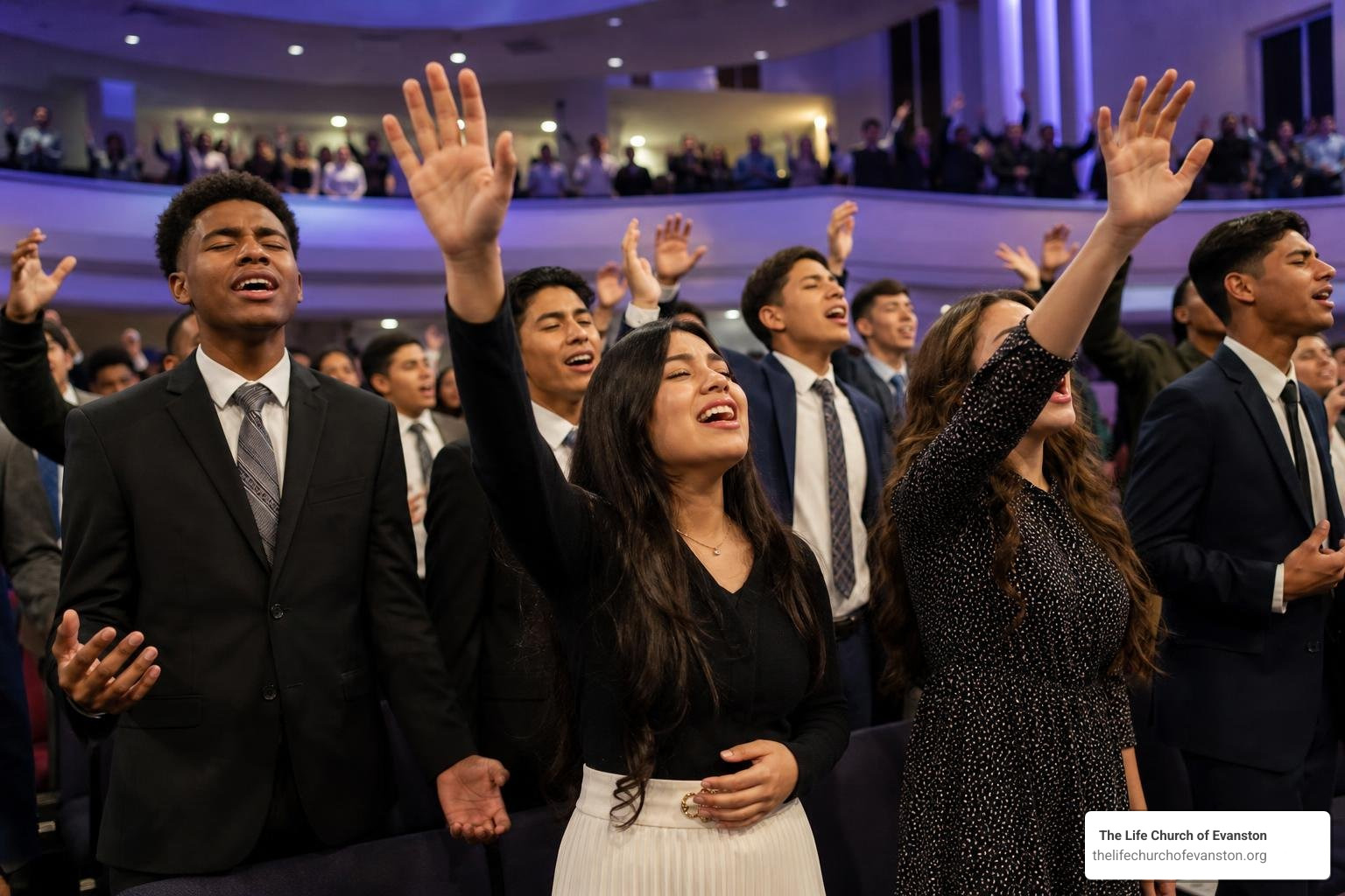 A diverse group of modest, clean-cut youth raising their hands in joyful, Spirit-filled worship