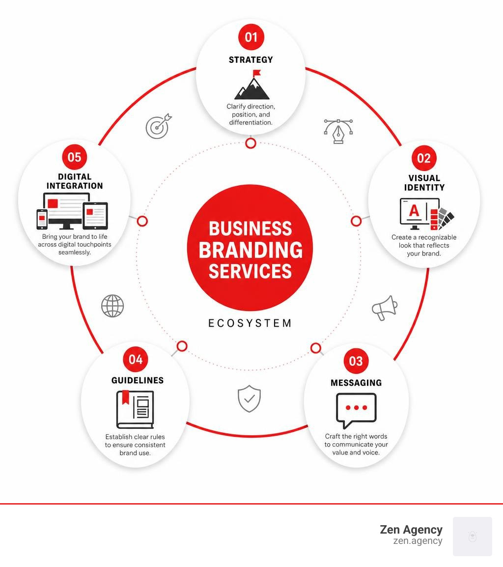Business branding services ecosystem showing strategy, visual identity, messaging, guidelines, and digital integration Business branding services ecosystem showing strategy, visual identity, messaging, guidelines, and digital integration