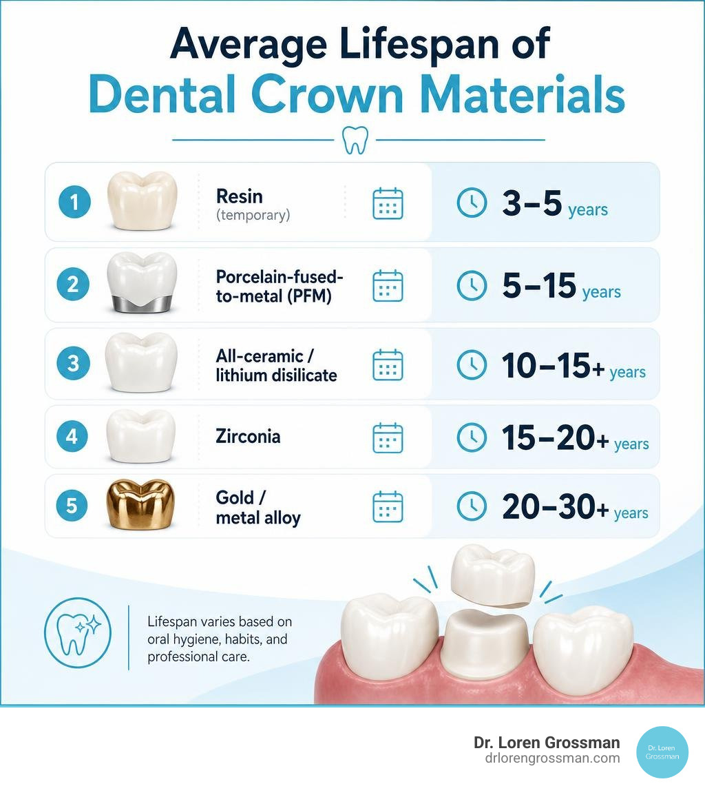 infographic showing average lifespan of dental crown materials from resin to gold alloy infographic infographic showing average lifespan of dental crown materials from resin to gold alloy infographic