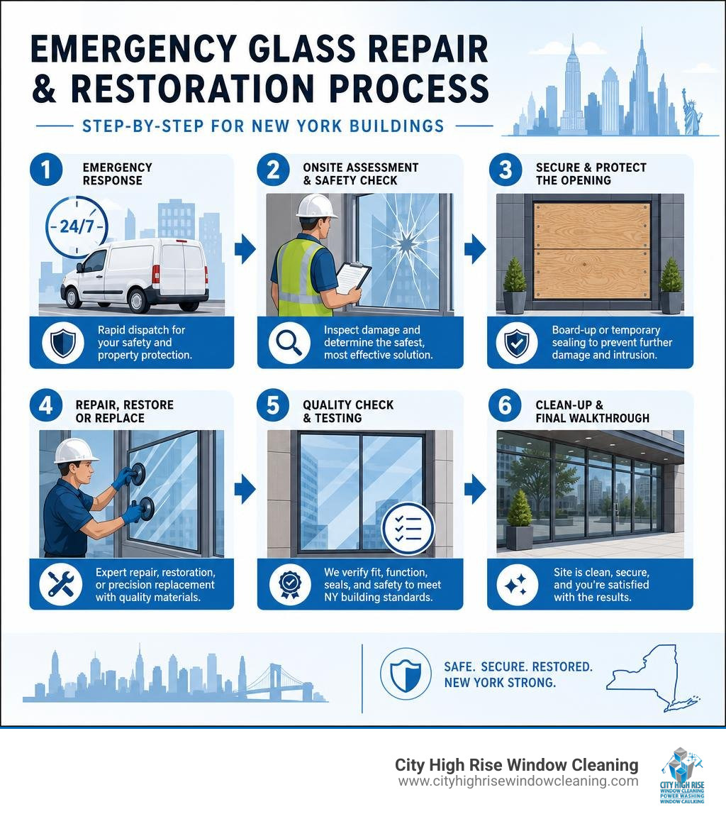 Step-by-step emergency glass repair and restoration process infographic for New York buildings infographic Step-by-step emergency glass repair and restoration process infographic for New York buildings infographic