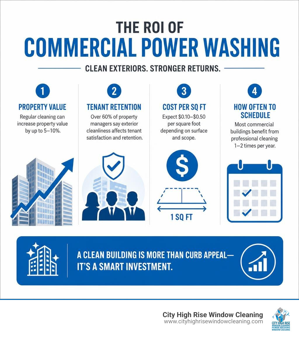 Infographic: ROI of commercial power washing — property value, tenant retention, cost per sq ft, and how often to schedule Infographic: ROI of commercial power washing — property value, tenant retention, cost per sq ft, and how often to schedule