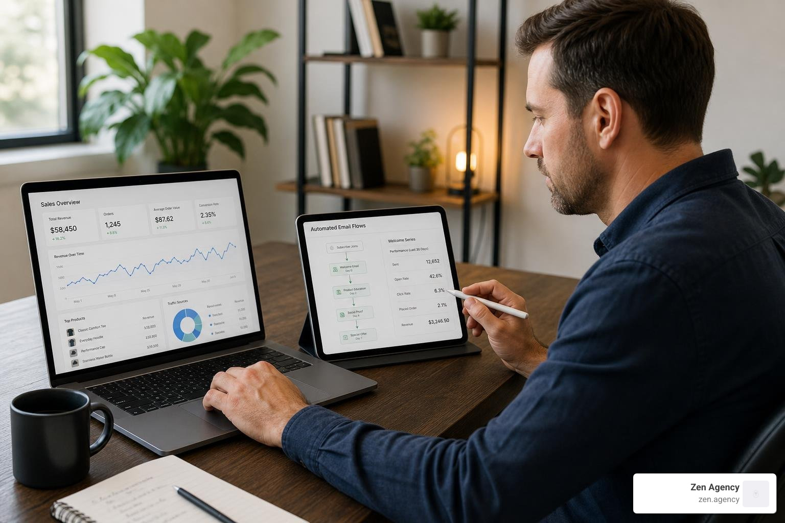 Ecommerce store owner analyzing sales metrics from automated email flows Ecommerce store owner analyzing sales metrics from automated email flows