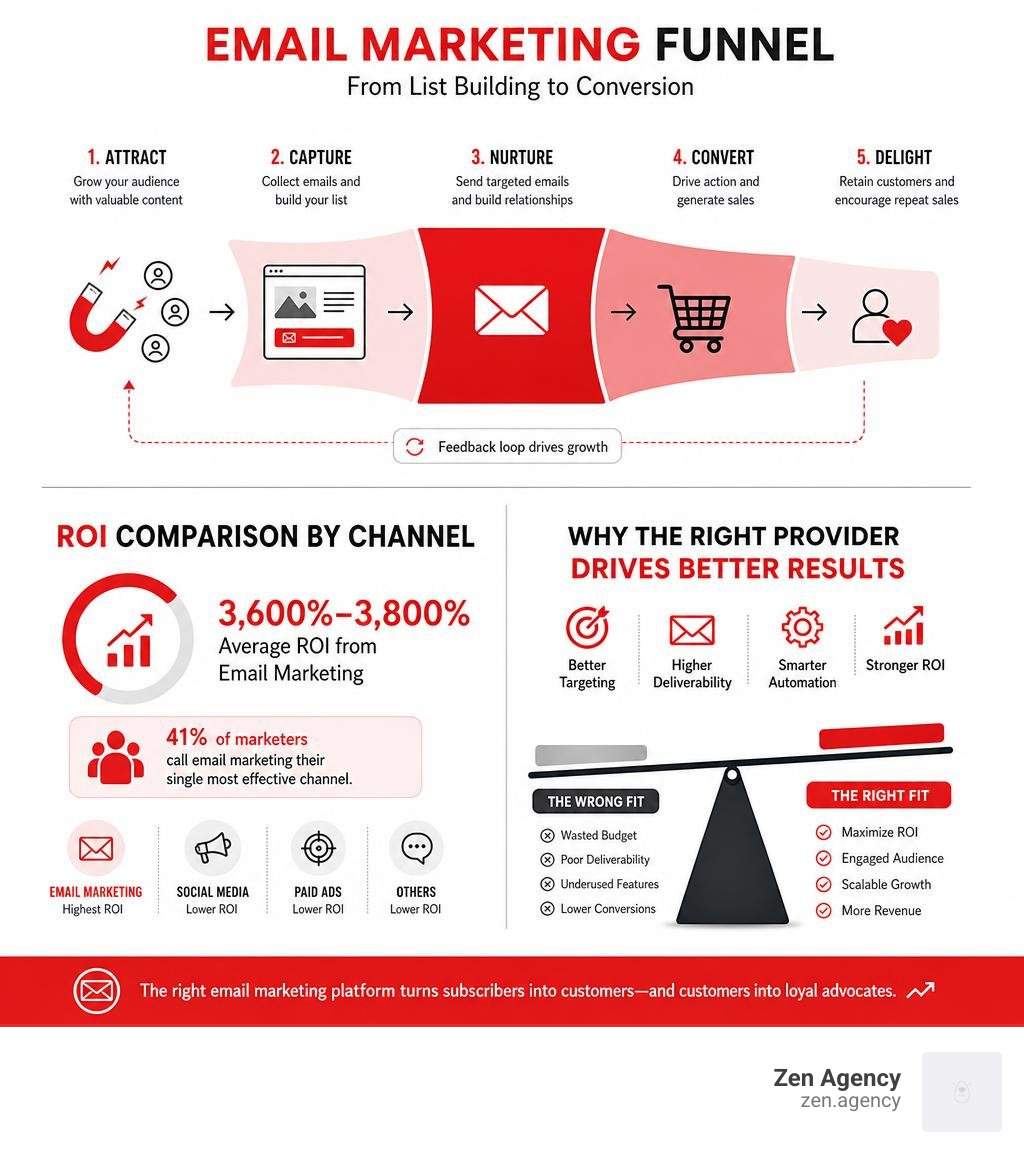 Email marketing funnel from list building to conversion and ROI comparison by provider infographic Email marketing funnel from list building to conversion and ROI comparison by provider infographic