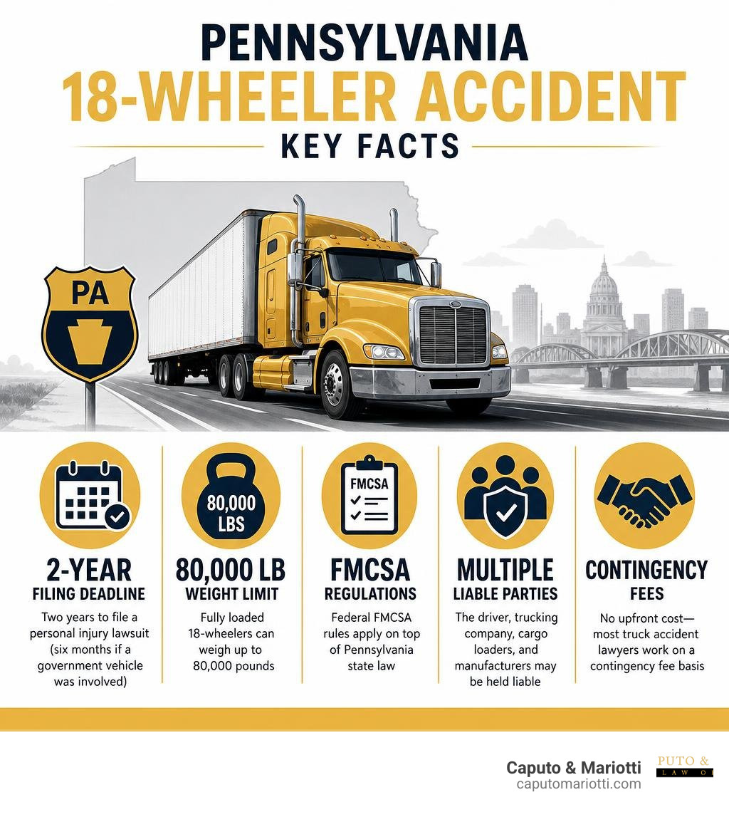 Infographic: Pennsylvania 18-wheeler accident key facts — 2-year filing deadline, 80000 lb weight limit, FMCSA rules Infographic: Pennsylvania 18-wheeler accident key facts — 2-year filing deadline, 80000 lb weight limit, FMCSA rules