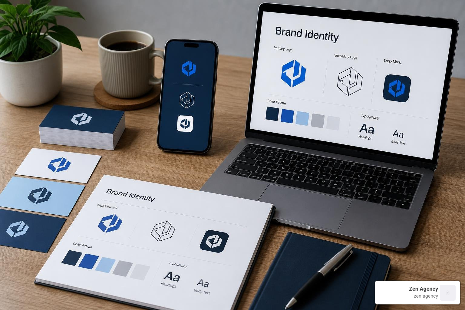 modern brand identity kit showing logo variations on business cards and digital screens modern brand identity kit showing logo variations on business cards and digital screens