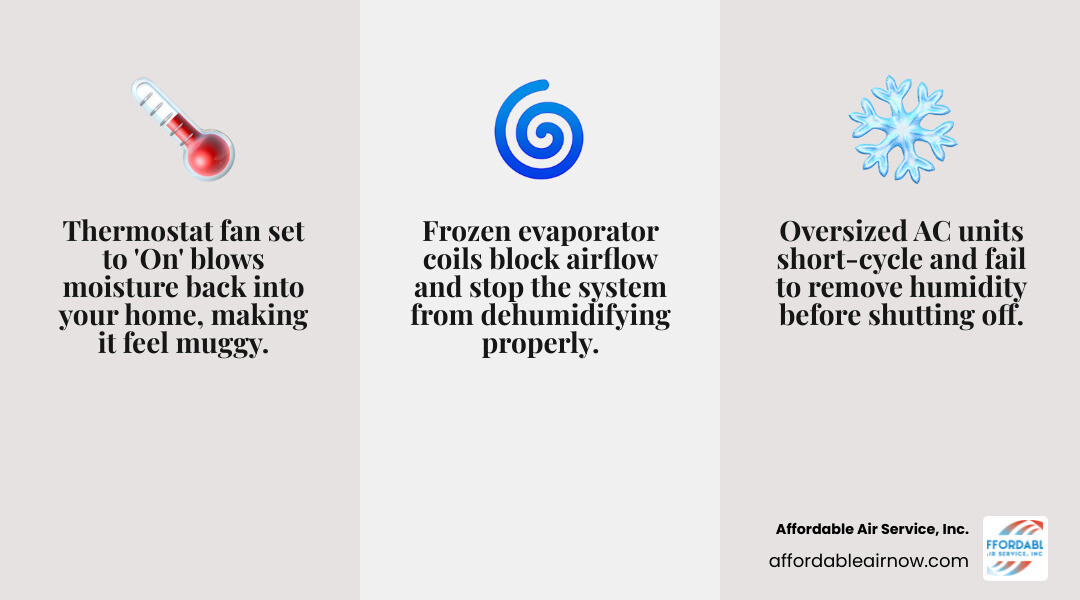 Infographic showing 7 common reasons an AC runs but leaves a house warm and muggy with quick fixes for each infographic Infographic showing 7 common reasons an AC runs but leaves a house warm and muggy with quick fixes for each infographic