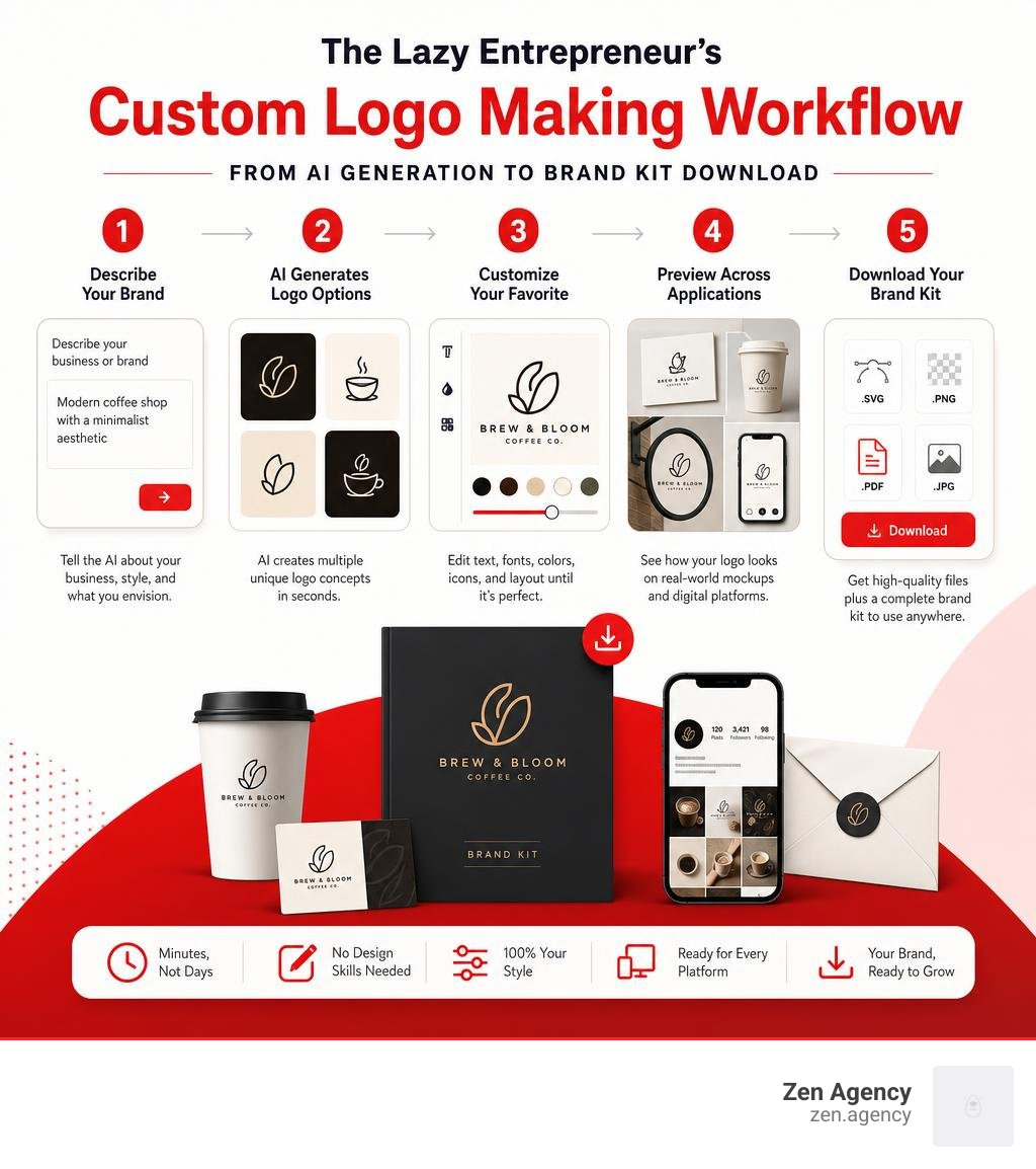 Steps in the lazy entrepreneur's custom logo making workflow from AI generation to brand kit download infographic Steps in the lazy entrepreneur's custom logo making workflow from AI generation to brand kit download infographic