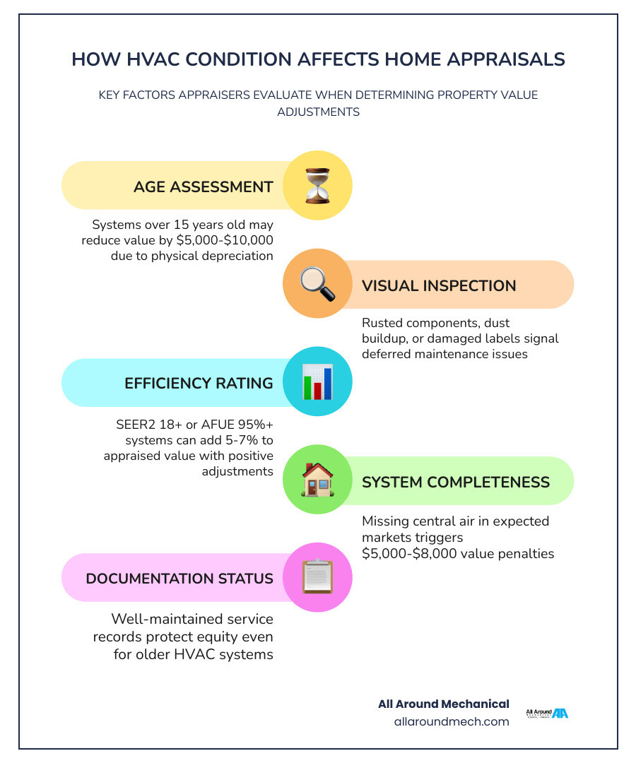 Infographic showing how HVAC age, condition, and efficiency ratings affect home appraisal value adjustments infographic Infographic showing how HVAC age, condition, and efficiency ratings affect home appraisal value adjustments infographic