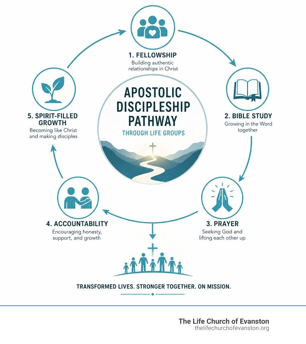Infographic showing the Apostolic discipleship pathway through life groups: Fellowship, Bible Study, Prayer, Accountability