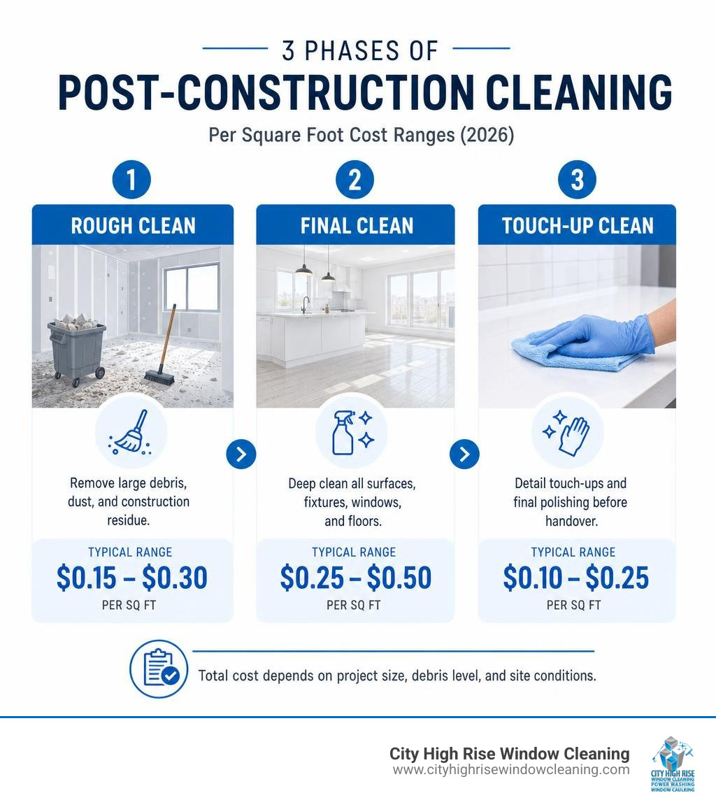 Infographic showing three phases of post-construction cleaning with per square foot cost ranges for rough, final, and Infographic showing three phases of post-construction cleaning with per square foot cost ranges for rough, final, and