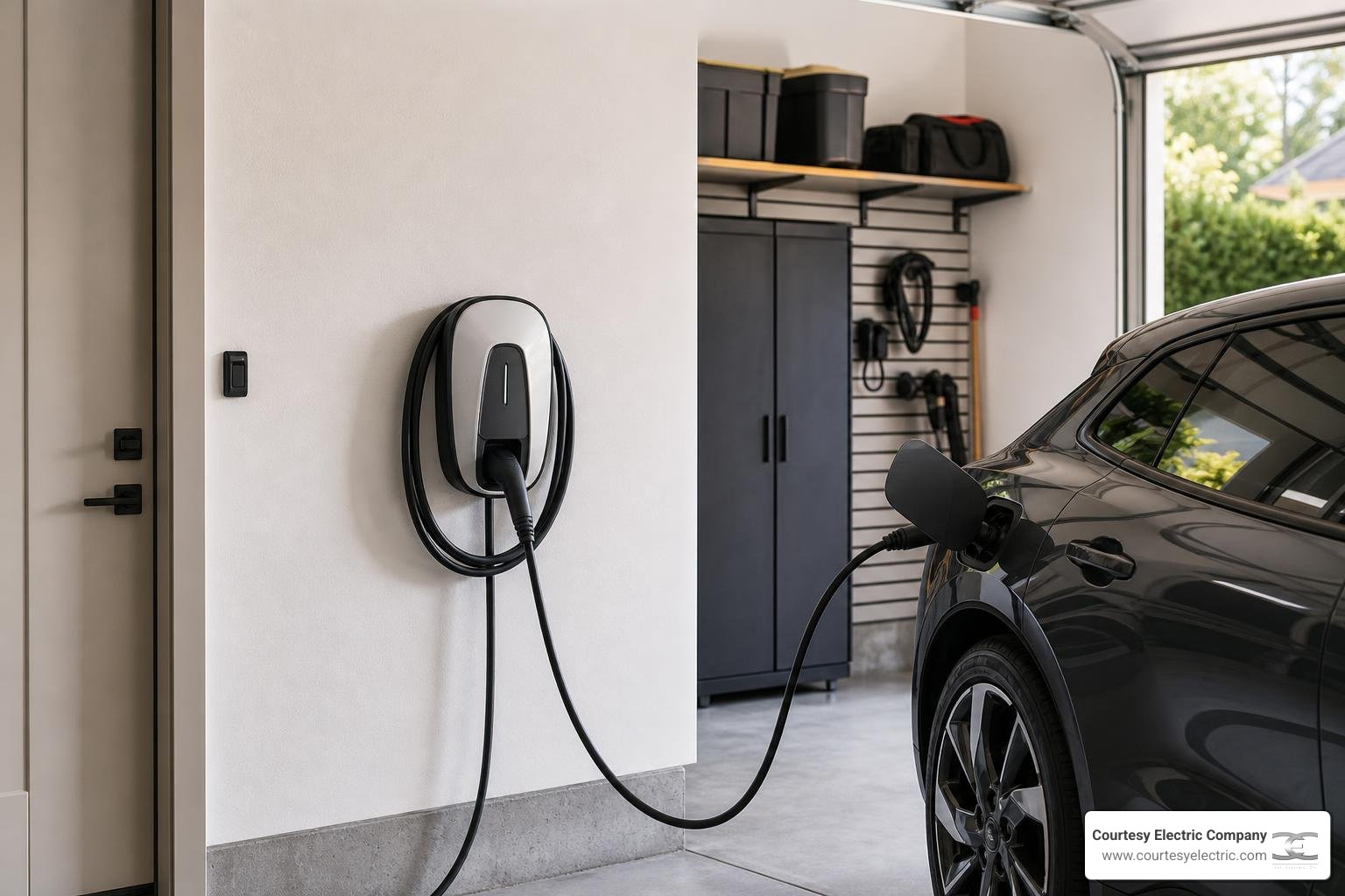A modern Level 2 home EV charging station mounted on a garage wall next to a clean vehicle
