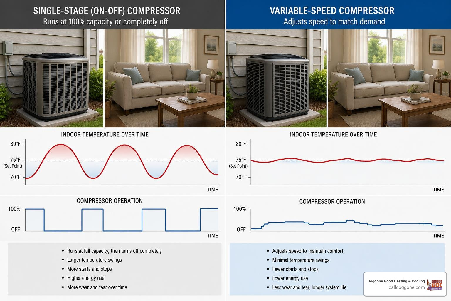 Diagram comparing single-stage on off compressor with variable-speed compressor operation