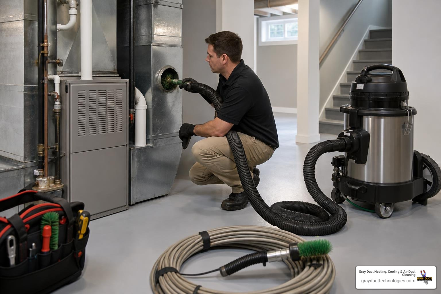 Professional negative pressure duct cleaning equipment hooked up to a home furnace system Professional negative pressure duct cleaning equipment hooked up to a home furnace system