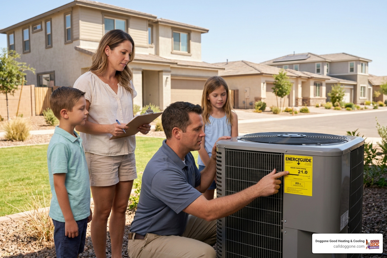 A modern high-efficiency air conditioning condenser unit installed neatly outdoors on a concrete pad next to a home A modern high-efficiency air conditioning condenser unit installed neatly outdoors on a concrete pad next to a home