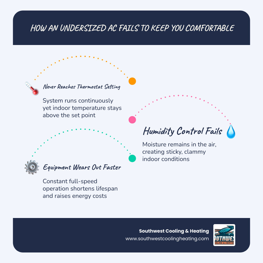 Infographic showing how an undersized AC runs continuously, fails to reach thermostat setting, causes humidity buildup Infographic showing how an undersized AC runs continuously, fails to reach thermostat setting, causes humidity buildup