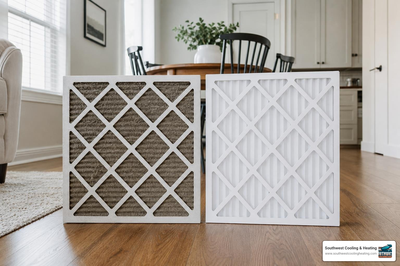 Infographic showing 6 signs your air filter needs changing: weak airflow, high energy bills, excess dust, allergy symptoms Infographic showing 6 signs your air filter needs changing: weak airflow, high energy bills, excess dust, allergy symptoms