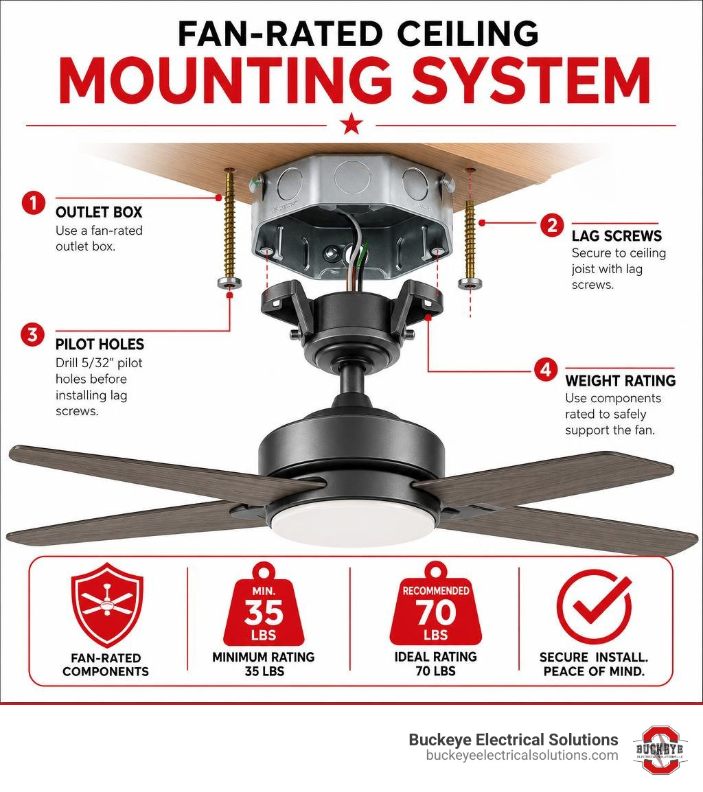 Infographic showing components of a fan-rated ceiling mounting system including outlet box, lag screws, pilot holes, and