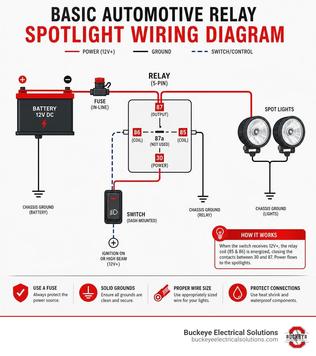 Basic automotive relay spotlight wiring circuit diagram with battery, relay, fuse, switch, and lights infographic Basic automotive relay spotlight wiring circuit diagram with battery, relay, fuse, switch, and lights infographic
