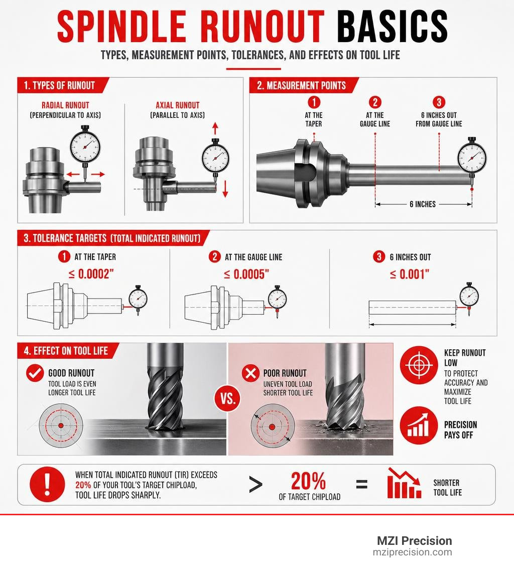 Spindle runout basics: types, measurement points, tolerances, and effects on tool life infographic