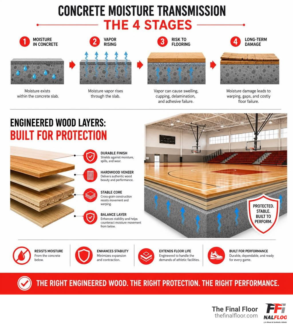 Infographic showing concrete moisture transmission stages and engineered wood layer protection in multi-purpose sports Infographic showing concrete moisture transmission stages and engineered wood layer protection in multi-purpose sports