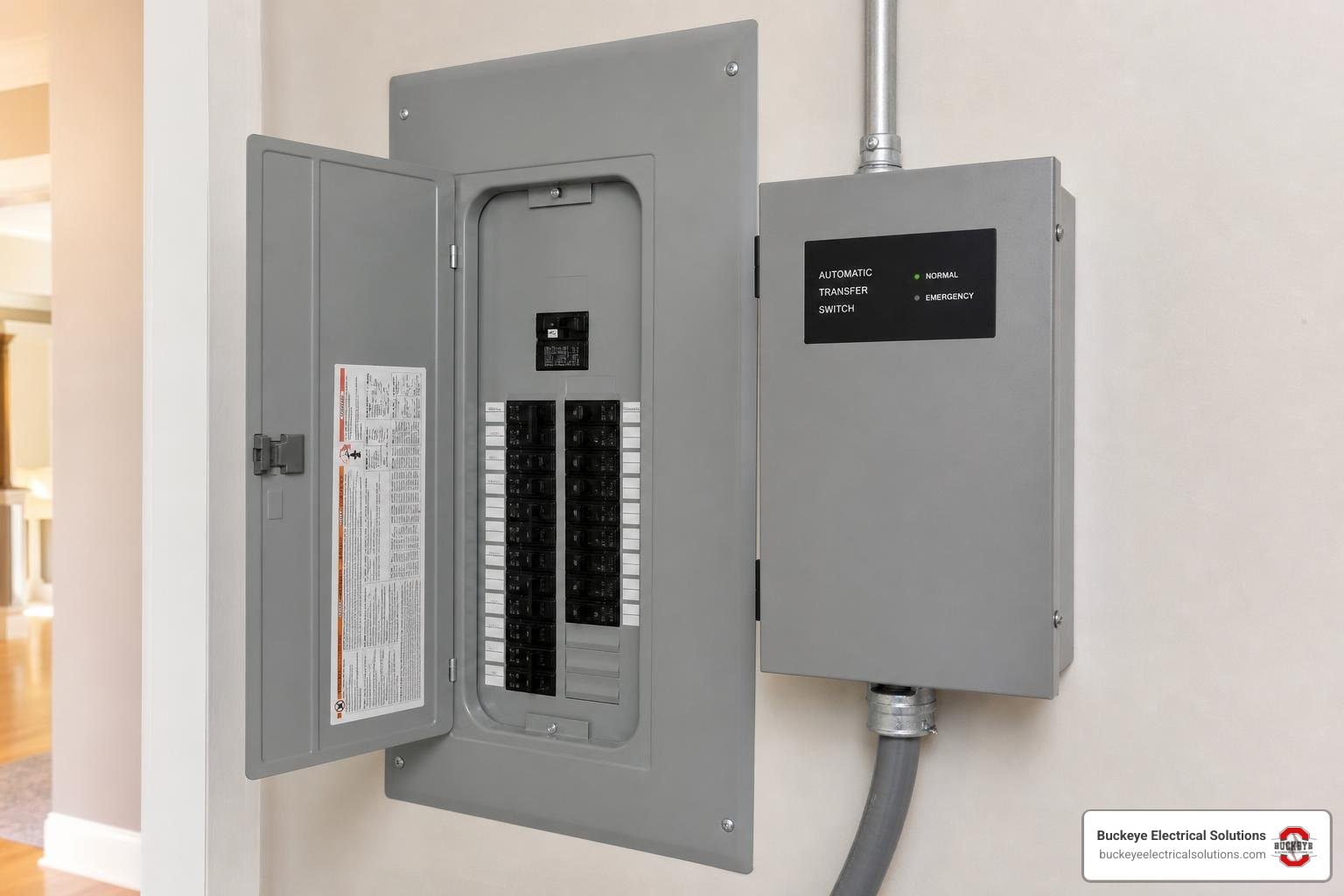 automatic transfer switch installed beside a clean residential electrical panel
