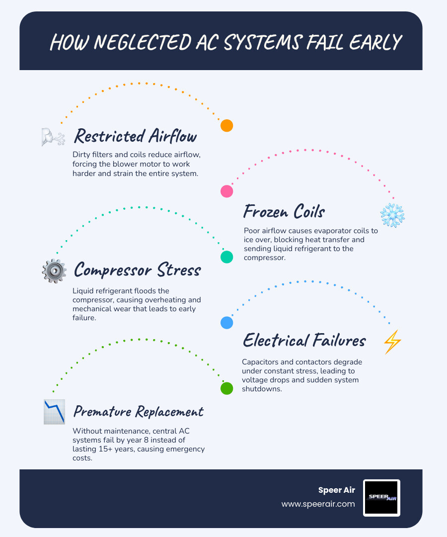 Timeline infographic showing how AC neglect leads to component failure and premature system replacement over 5 to 8 years Timeline infographic showing how AC neglect leads to component failure and premature system replacement over 5 to 8 years