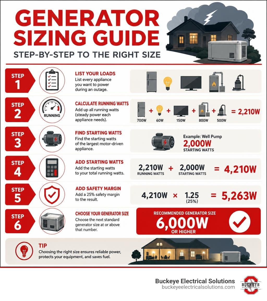 Generator sizing guide infographic: steps to calculate running watts, starting watts, safety margin, and final generator