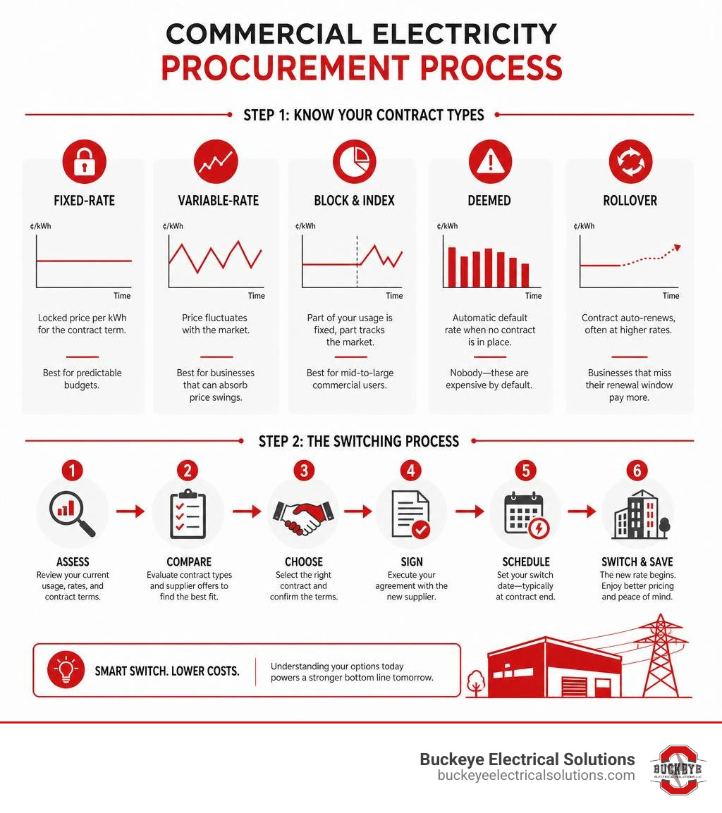 infographic showing commercial electricity procurement process from contract types to switching steps infographic infographic showing commercial electricity procurement process from contract types to switching steps infographic