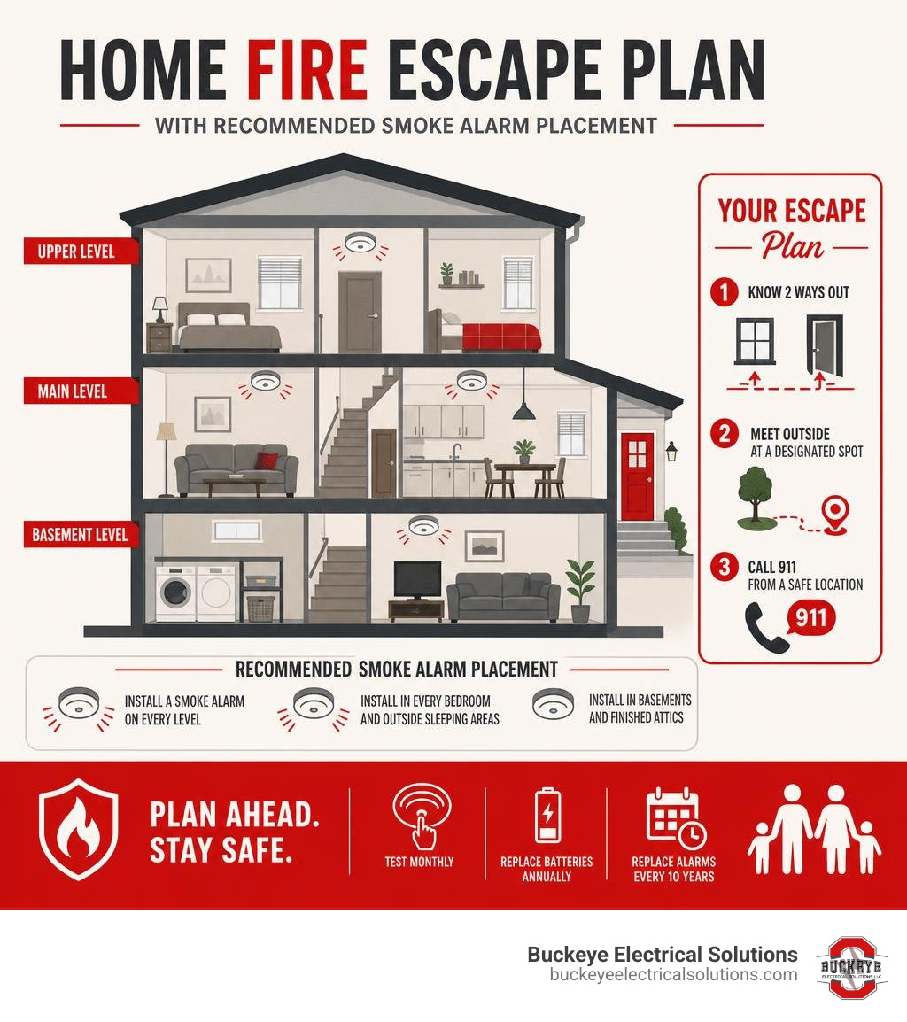 Infographic showing home fire escape plan with recommended smoke alarm placement on every level infographic Infographic showing home fire escape plan with recommended smoke alarm placement on every level infographic