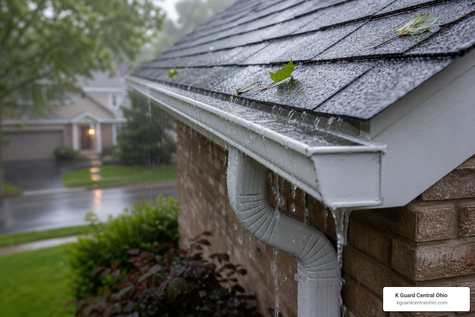 heavy rain flowing through covered gutter system on Central Ohio home heavy rain flowing through covered gutter system on Central Ohio home