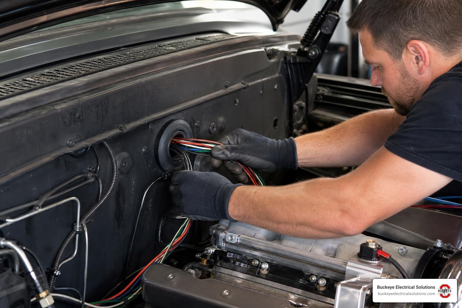 An electrician routing wires through a vehicle firewall using a protective rubber grommet An electrician routing wires through a vehicle firewall using a protective rubber grommet