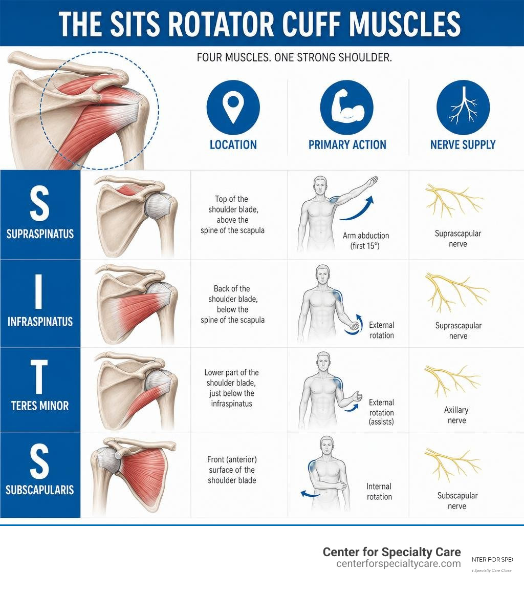 Infographic showing the four SITS rotator cuff muscles, their locations, actions, and nerve supply infographic Infographic showing the four SITS rotator cuff muscles, their locations, actions, and nerve supply infographic