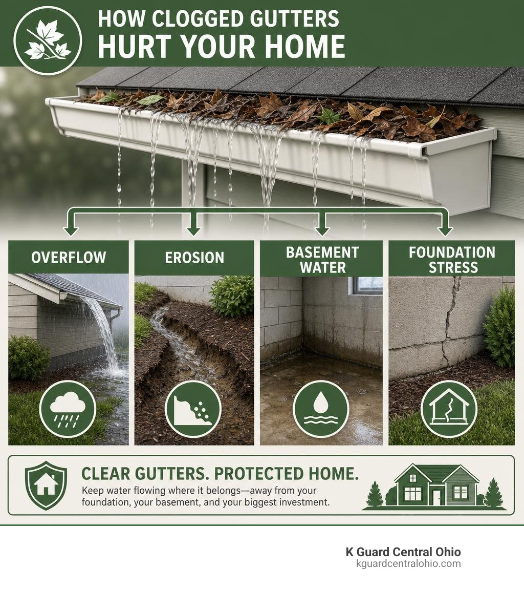 how clogged gutters cause overflow, erosion, basement water, and foundation stress infographic how clogged gutters cause overflow, erosion, basement water, and foundation stress infographic