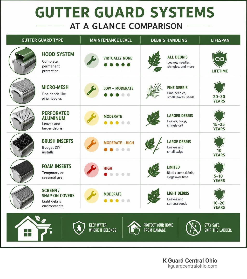 comparison of best gutter guard systems types, maintenance levels, debris handling, and lifespan infographic comparison of best gutter guard systems types, maintenance levels, debris handling, and lifespan infographic