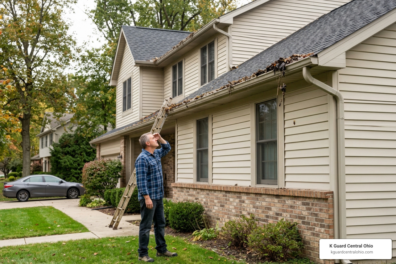 homeowner looking up at clogged aluminum gutters