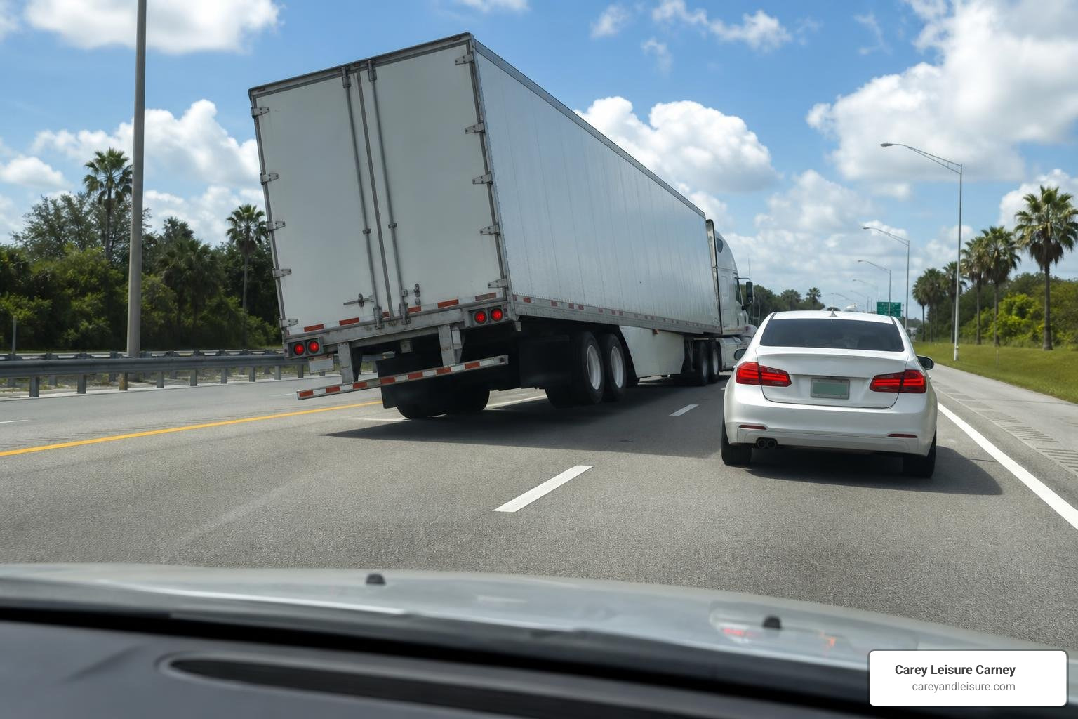 passenger car near a swerving tractor trailer on a Florida road