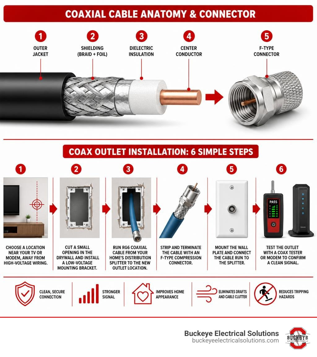 Infographic showing coaxial cable components: center conductor, dielectric insulation, shielding, outer jacket, and F-type