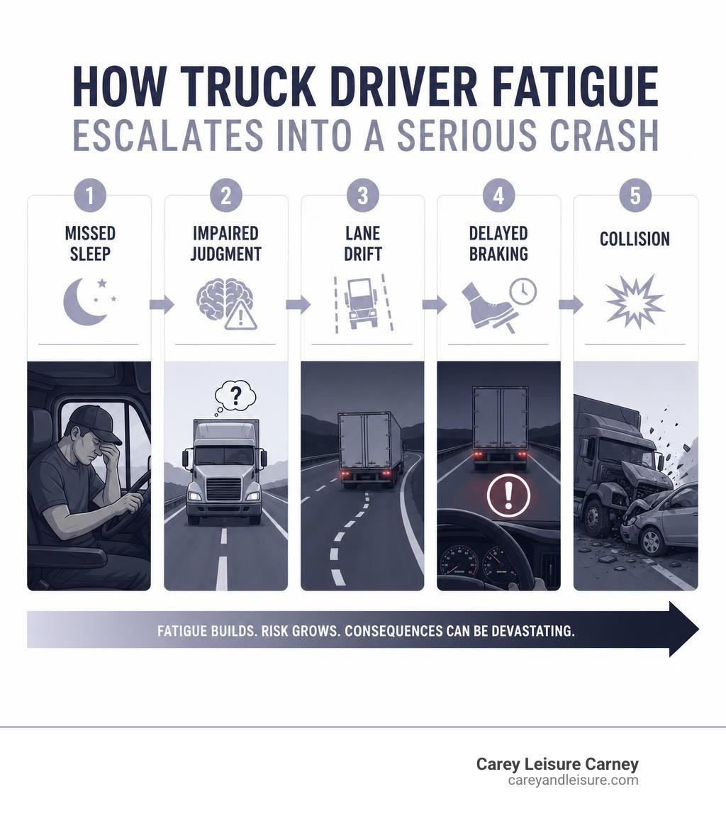 Infographic showing how truck driver fatigue escalates into a serious crash: missed sleep, impaired judgment, lane drift