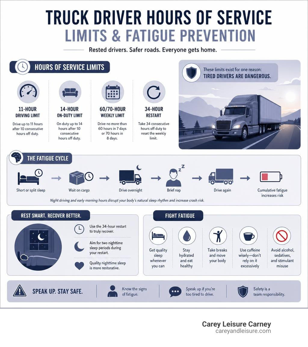 infographic explaining truck driver hours of service limits and fatigue prevention infographic