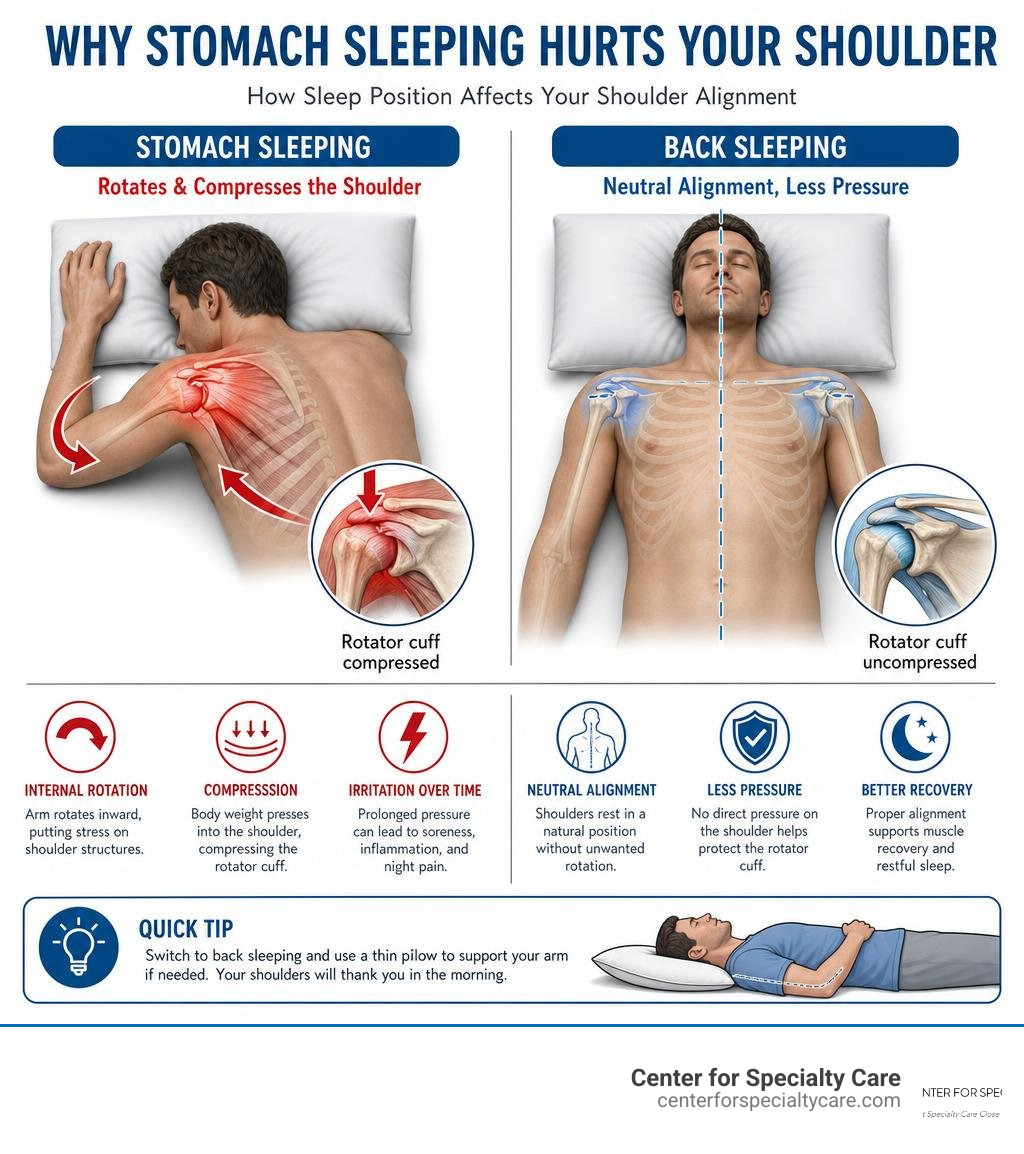 infographic showing how stomach sleeping rotates the shoulder and compresses the rotator cuff versus back sleeping alignment infographic showing how stomach sleeping rotates the shoulder and compresses the rotator cuff versus back sleeping alignment