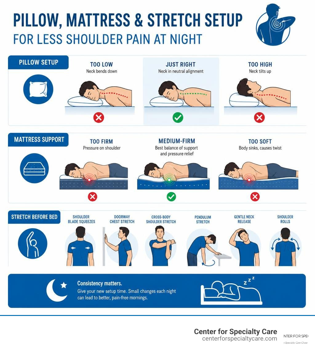 infographic of pillow mattress and stretch setup for reducing shoulder pain at night infographic infographic of pillow mattress and stretch setup for reducing shoulder pain at night infographic