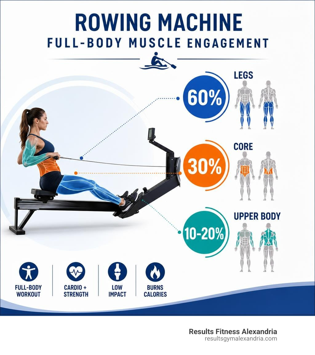 Rowing machine full-body muscle engagement infographic: legs 60%, core 30%, upper body 10-20% infographic Rowing machine full-body muscle engagement infographic: legs 60%, core 30%, upper body 10-20% infographic